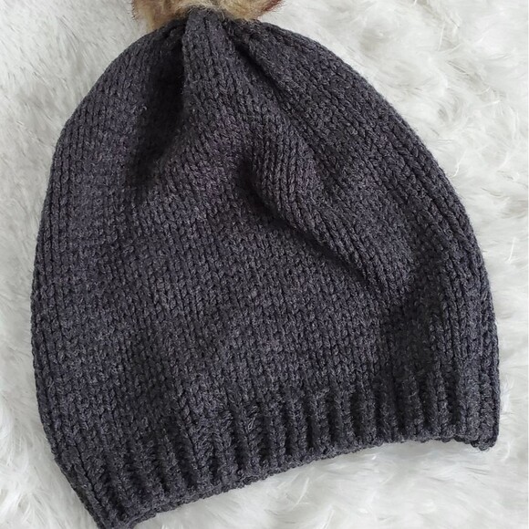 Pom Pom Knit Beanie Gray Hat - Picture 2 of 3